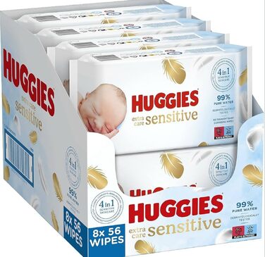 Дитячі вологі серветки Huggies Pure Extra Care Sensitive для чутливої шкіри, 99% чистої води, без віддушок, 8 упаковок по 56 шт (набір на місяць)