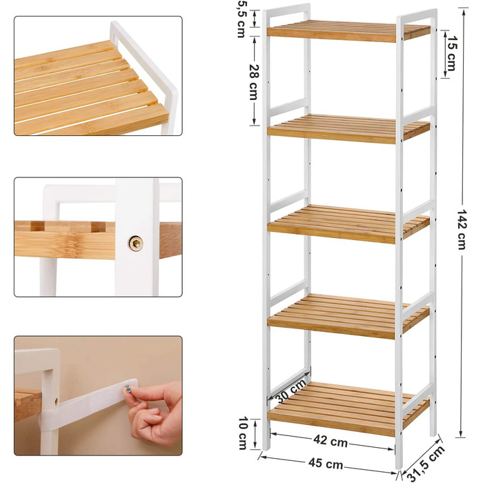 SONGMICS Regal Bambus - Поличкова стійка з бамбука, 5 ярусів, 31.5 x 45 x 142 см, для ванної, кухні, вітальні, спальні, балкону
