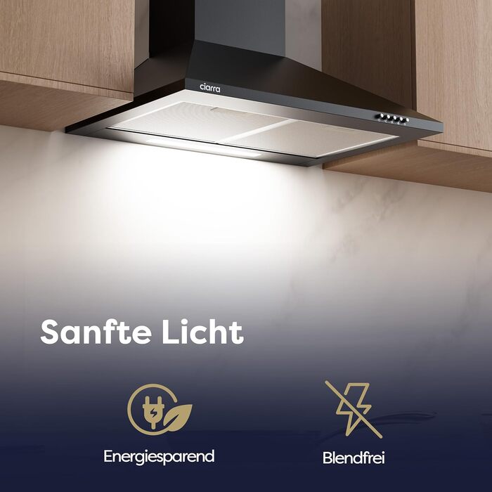 Витяжка кухонна CIARRA CBCB6201 чорна, пірамідальна, 60 см, 404 м³/год, A++, LED-підсвітка, з вугільним фільтром CBCF002X2, режим рециркуляції та відведення
