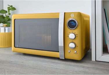Мікрохвильова піч Swan Retro 20 л, 800 Вт, жовта, цифрова, 5 режимів, розморожування, таймер 60 хв, дзеркальні дверцята, вінтажний дизайн