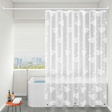 Прозора шторка для ванної Whoiy 180x200 см, EVA, водонепроникна, антибактеріальна, з білими квітами