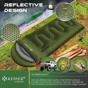 Спальний мішок KESSER Outdoor для дорослих та дітей, всесезонний (3-4 сезони), водовідштовхуючий та теплий, Khaki, 220 x 83 см, з ліхтариком та бічною кишенею