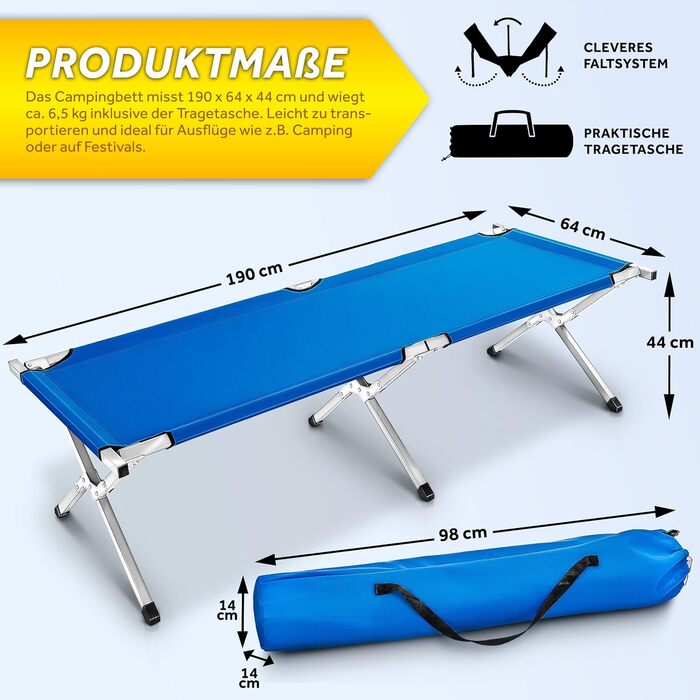 Розкладне кемпінгове ліжко-ліжка TRESKO (польове ліжко) 190x64x44 см, синій колір, витримує до 200 кг, з сумкою для транспортування