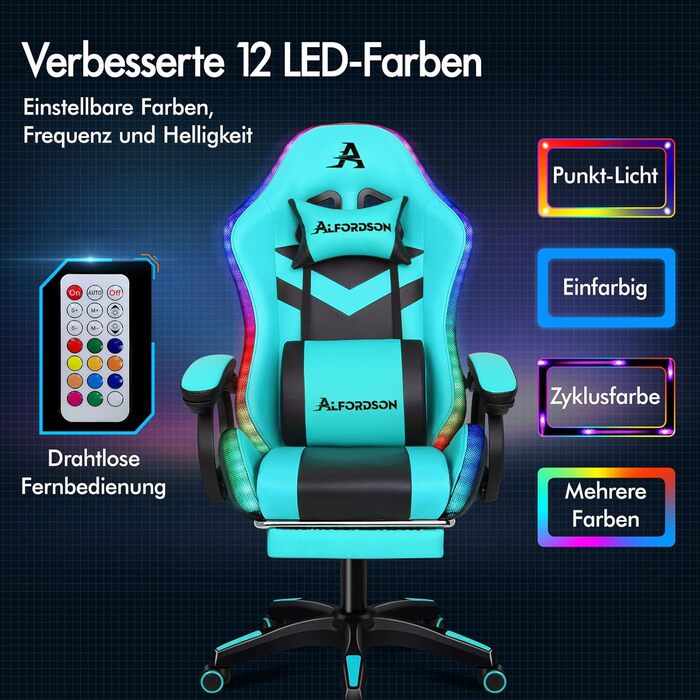 Ігрове крісло ALFORDSON з масажем, RGB LED, ергономічне, з підніжкою, підголівником і лумбарною подушкою, блакитне