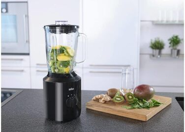 Блендер Braun PowerBlend 3 JB 3150 BK, 1,5 л, скляна чаша, 800 Вт, чорний, кухонний помічник для подрібнення, пюрування та змішування