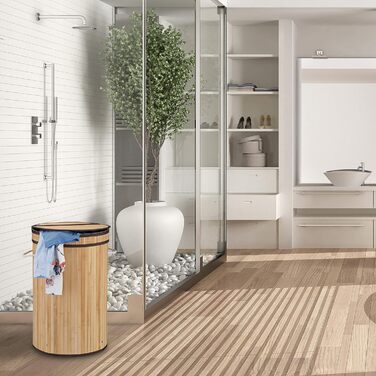 Кошик для білизни Relaxdays з бамбука, круглий, з кришкою, 65 л, складаний, Ø 40 см, чорний