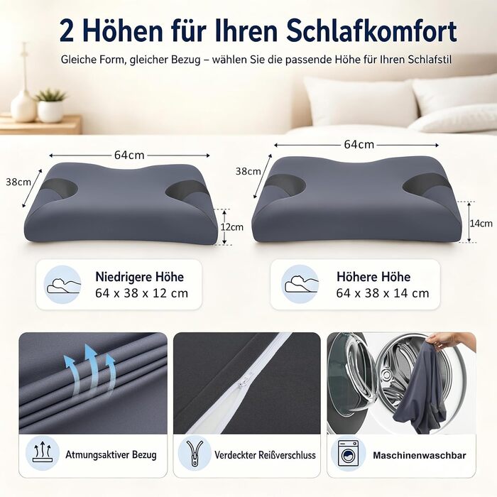 Регульована подушка для CPAP-терапії з ефектом пам'яті (Memory Foam) для сну на боці та спині, ергономічна ортопедична подушка під маску з вийманим вставкою, розмір Large
