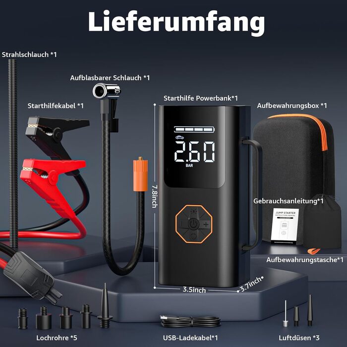 Пусковий пристрій для авто (бустер) 9 в 1 з компресором 150PSI, Powerbank 5500A, LCD-дисплеєм та ліхтариком для 12V бензинових та дизельних двигунів