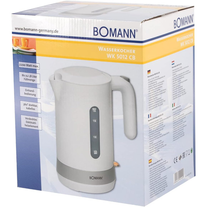 Електричний чайник Bomann 1,8 л, нержавійка, бездротовий, захист від перегріву, авто/ручне вимкнення, білий, 2200 Вт, WK 5012