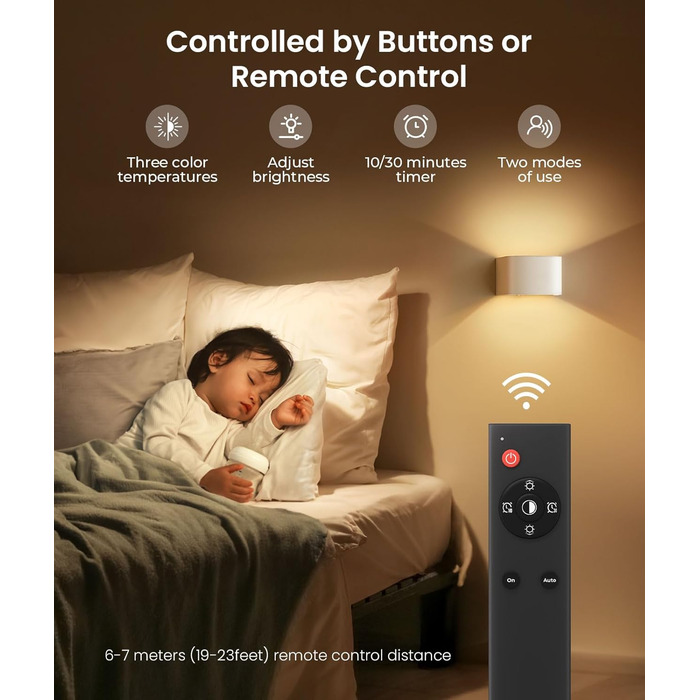 FULEN LED настінний світильник з акумулятором, датчиком руху, 3 кольори, 3 режими, бездротовий, з пультом, для спальні, вітальні, сходів, білий, 2 шт.