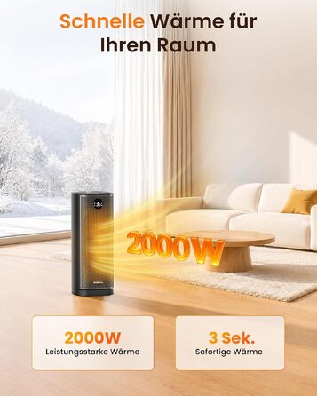 Керамічний обігрівач повітря Ateroll 2000W, енергоощадний компактний тепловентилятор з 3 режимами роботи, чорний