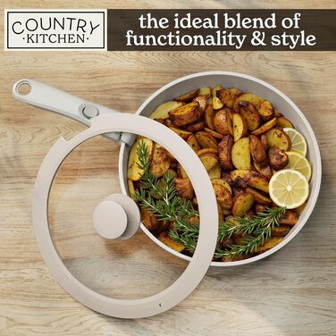 Набір посуду та сковорідок Country Kitchen, 13 предметів, антипригарне покриття, знімна ручка, підходить для духовки та кемпінгу (Rhombus, кремовий)