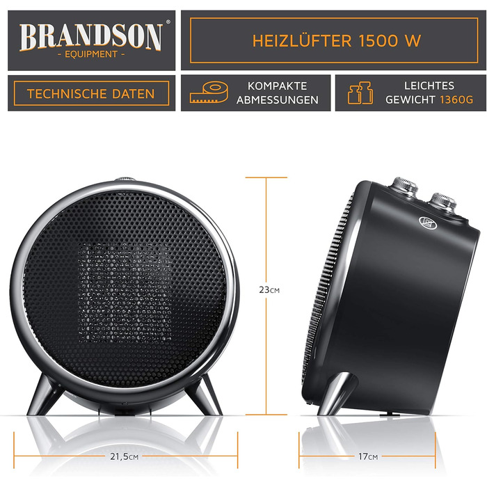 Керамічний електрообігрівач Brandson 1500 Вт для ванної, з терморегулятором, 2 режими, захист від перегріву і перекидання