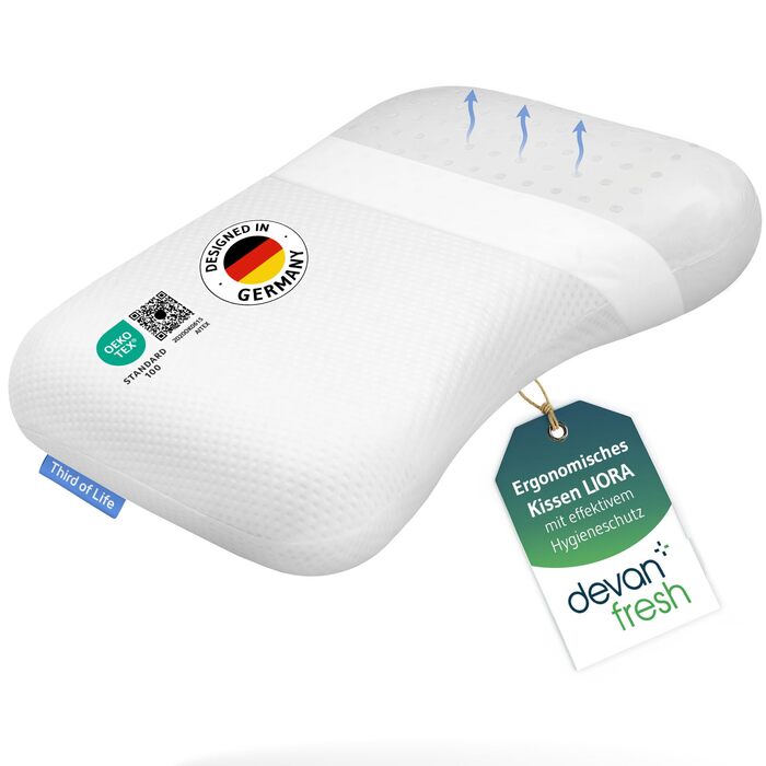 Ортопедична подушка для шиї Third of Life Liora, 48x37x10,5 см, з Memory Foam, для тих, хто спить на боці, біла, з антиалергенним покриттям