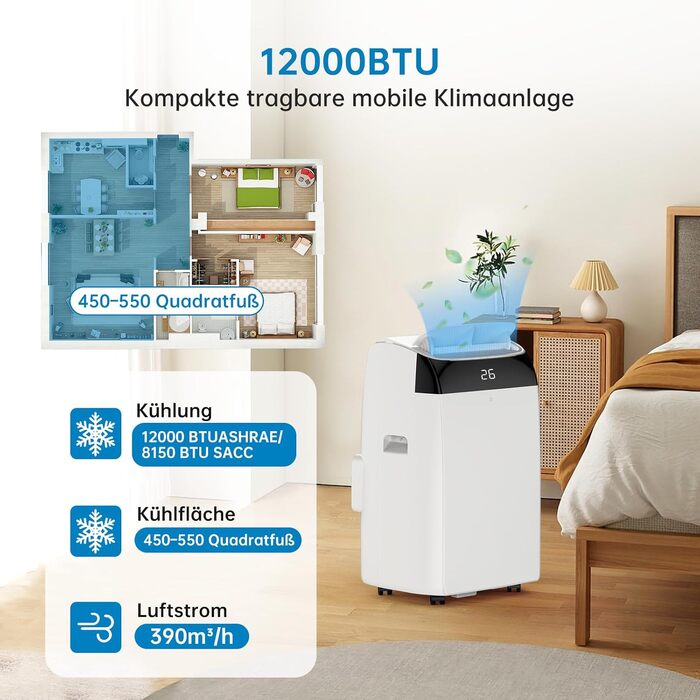 Мобільний кондиціонер Acekool 12000 BTU 4-в-1 з нічним режимом, енергокласу A, для кімнат до 51м²