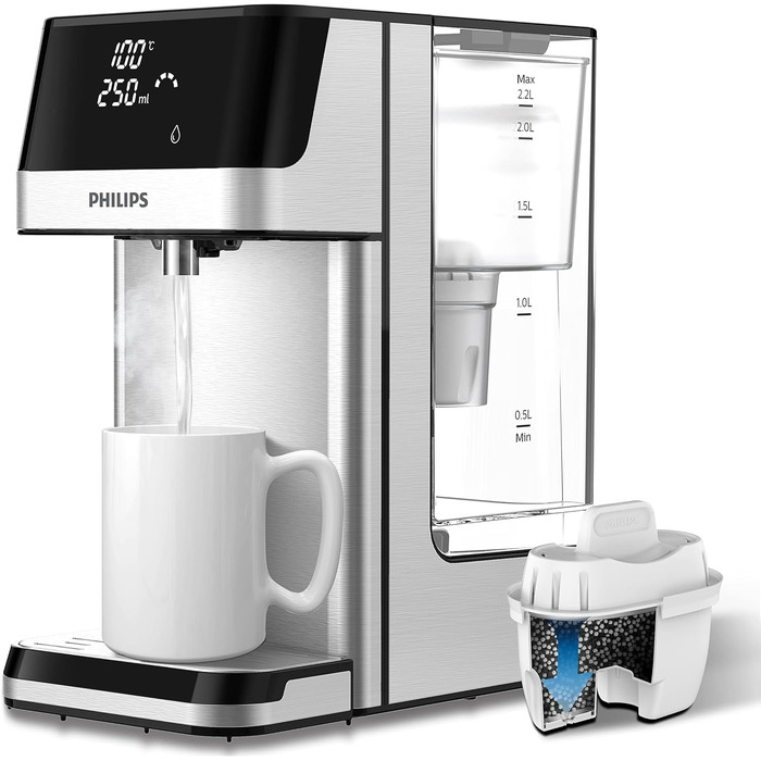 Фільтр для води Philips Water Station: диспенсер гарячої та холодної води з 6 режимами, сенсорним екраном, очищення від хлору, вапна, важких металів, мікропластику та PFAS, об'єм 2.2 л