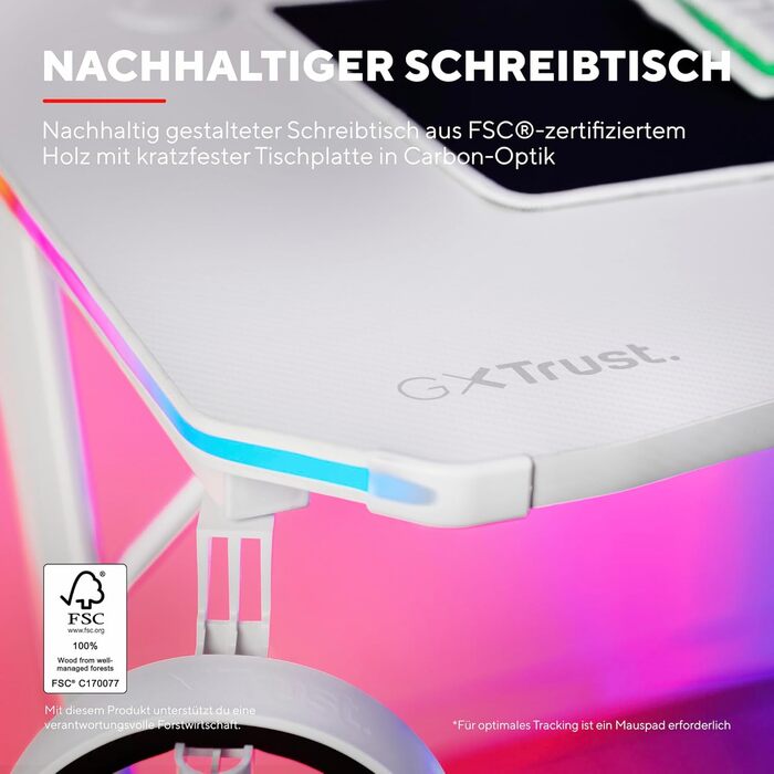 Ігровий стіл Trust Gaming GXT 709W Luminus RGB з підсвічуванням LED, 10 режимів, USB, білий, з тримачем для навушників та напоїв, 120 x 60 см