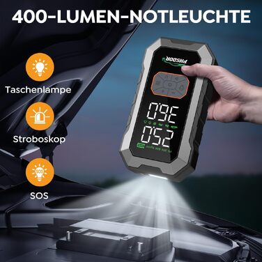 Пусковий пристрій (бустер) 8000A з компресором 150PSI та Powerbank 25000mAh для авто (бензин до 12л, дизель до 10л), з LED-ліхтарем, сріблястий