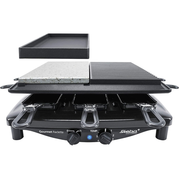 Раклетниця Steba RC 4 Plus Deluxe з антипригарною литою та натуральною кам'яною плитою, 8 емальованих лотків, 29x29 см, виробництво Німеччина