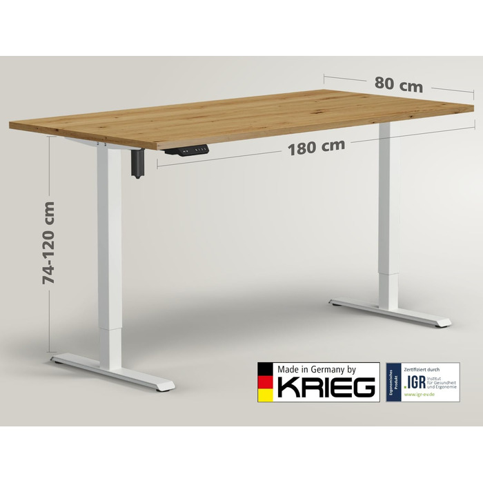 Електричний стіл KRIEG HighDesk SMART з регулюванням висоти - білий/дуб (180x80 см). Стол для роботи сидячи та стоячи.