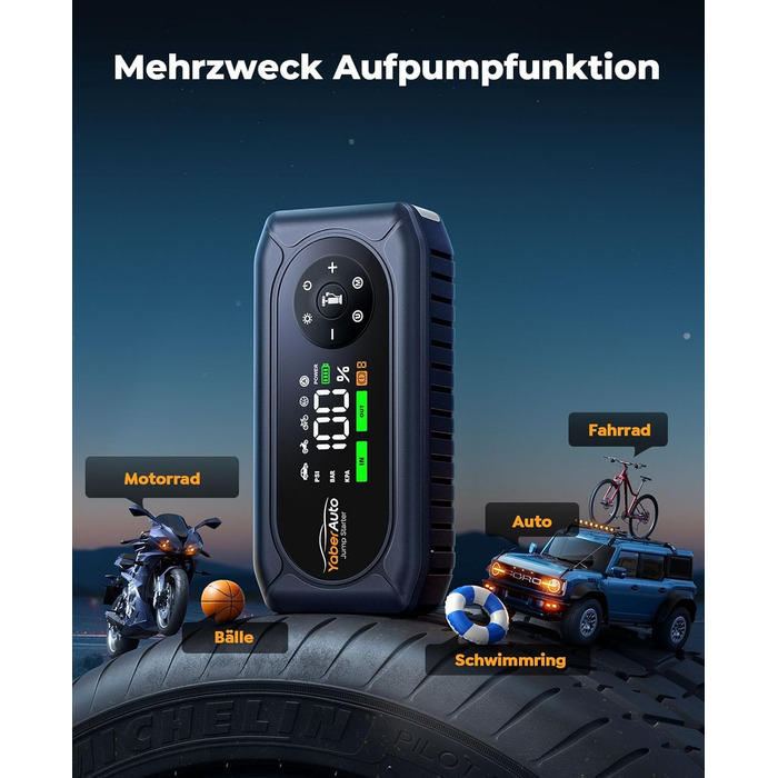 Powerbank для автомобіля YaberAuto AP02 з компресором, 150PSI, 4500A, LED ліхтар 500 люмен, LCD дисплей 3.3