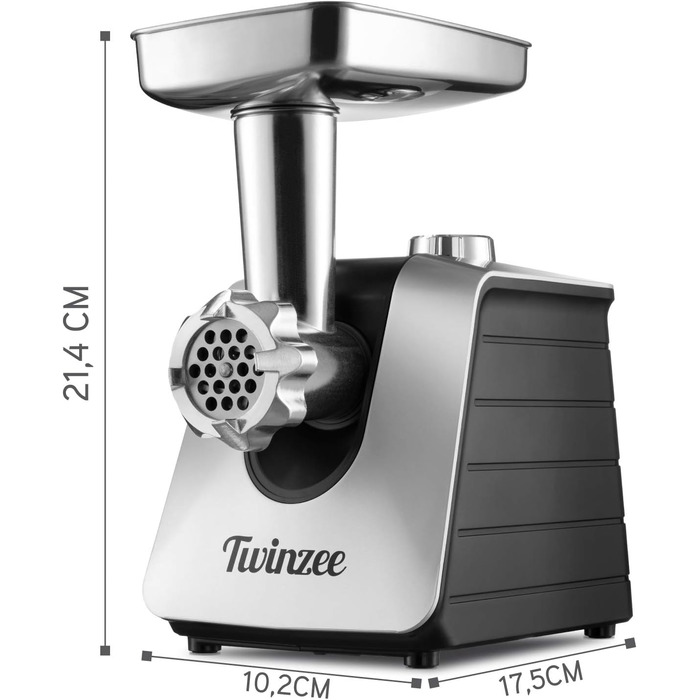 Twinzee електрична м’ясорубка з насадкою для ковбас, чорна, кухонна машина, 3 решітки, 3 насадки для ковбас