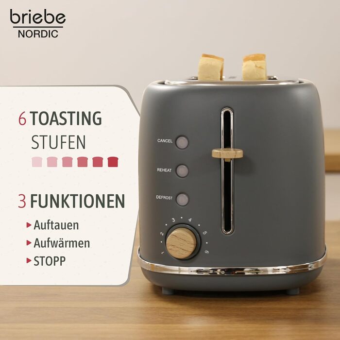 Тостер Briebe Nordic Set 2-слотовий з підставкою для булочок, 6 рівнів підсмажування + Електричний чайник 1.7л 2200Вт, Швидке нагрівання, BPA-free, Сірий