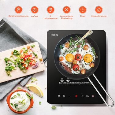 Індукційна плита IsEasy 2100 Вт, 28 см, портативна, 1 конфорка, сенсорне управління, 9 режимів нагріву, таймер 8 годин, функція Boost, чорна