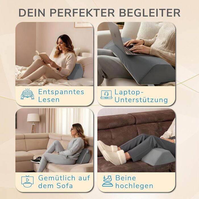 Подушка для спини PEZE® для ліжка та дивана (сіра) - клиноподібна подушка для читання, підтримки спини, ніг та запобігання пролежнів. Ортопедична подушка для сидіння та підняття спини.