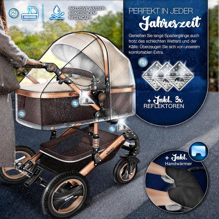 Дитяча коляска KIDUKU® 3 в 1 XXL Комплект | Комбінована коляска з люлькою, візком та автокріслом, комплект включає: люльку, візок, автокрісло, підніжка для ніг, сумка для пеленання, грілки для рук, дощовик, столик для дитини, гумові колеса, ECE R129, Колі