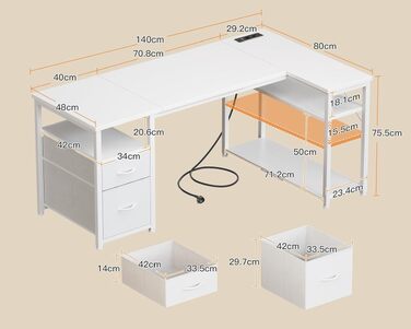 Кутовий письмовий стіл Coleshome з 2 шухлядами та полицею, 140x80 см, білий. Ігровий стіл для дому та офісу з розеткою