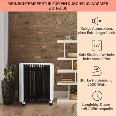 Електричний масляний радіатор Klarstein Thermaxx 2500 - опалення 2500 Вт, термостат 5-35°C, LED-дисплей, таймер, легкий, з роликами, білий/чорний