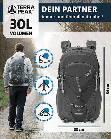 Туристичний рюкзак Terra Peak Flex 30L з вентиляцією спини, регочохлом і тримачем для питної системи – середній трекінговий рюкзак із 3D Air Mesh для походів, з поясним ременем