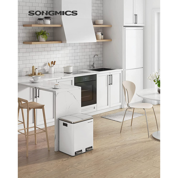 Сортувальний смітник для кухні SONGMICS, 2 x 15 л, сталевий, педальний, з двома відділеннями, для роздільного збору сміття, з м'яким закриванням, білий