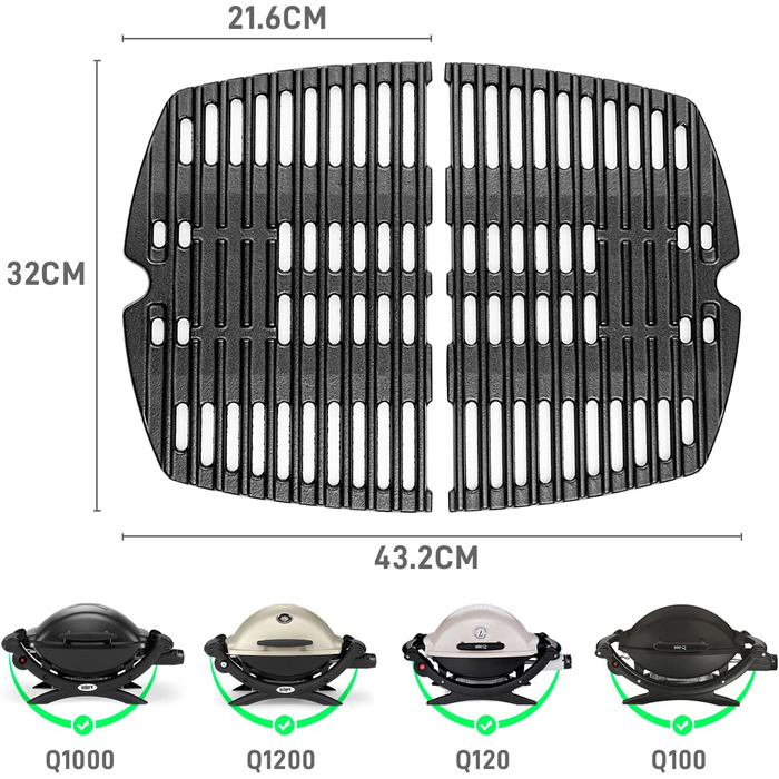 Чавунна решітка для гриля Weber Q100/Q1000/Q1200/Q1400, 32x21,6 см, 2 шт. – запасна решітка для газового гриля, аксесуари для Baby Q