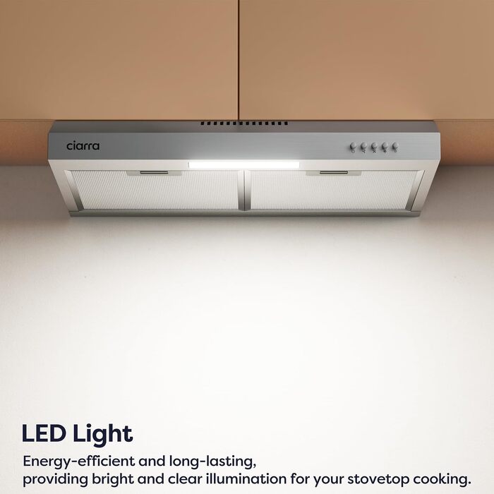 Витяжка кухонна CIARRA CBCB6906D 60 см, вбудована, нержавіюща сталь, LED-підсвітка, продуктивність 391 м³/год, клас A++, режим рециркуляції та відводу