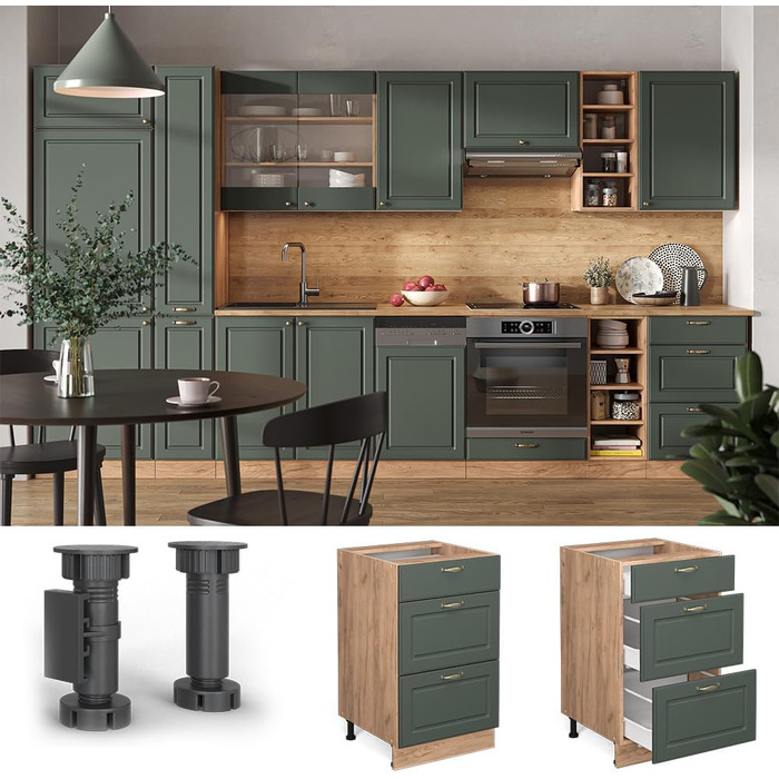 Кухонна нижня шафа з шухлядами Vicco Fame-Line Green-gold Country House, 50 см, колір зелений-золотий (без стільниці)