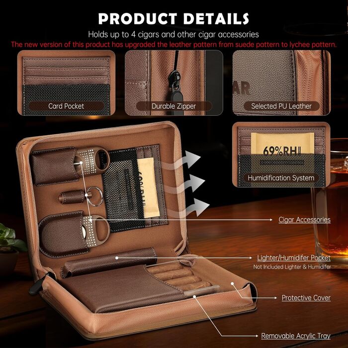 KEJIAR: Набір для зберігання сигар - Humidor з різаком, пуншем та зволожувачами, коричневий