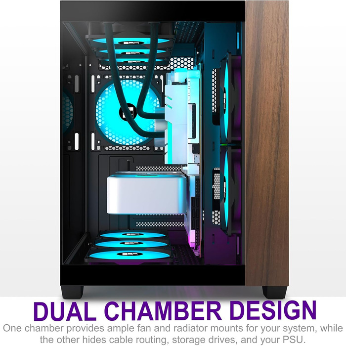Ігровий корпус для ПК FOIFKIN M3, ATX Mid-Tower, чорний, з дерев'яною передньою панеллю з горіха, 3 встановлені ARGB PWM вентилятори, панорамне скло 270°, USB Type-C