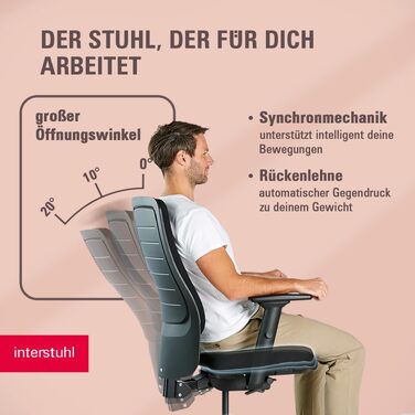 Ергономічне офісне крісло Interstuhl SMART Soft, синхромеханізм, 4D-підлокітники, підтримка попереку, чорне, Made in Germany