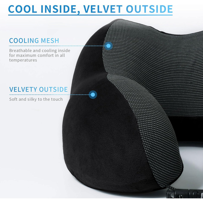 Дорожня подушка для шиї з піни Memory Foam з 3D маскою для сну та берушами, м'яка бавовняна U-подібна подушка для подорожей у літаку, авто, поїзді, офісі та кемпінгу (чорна)