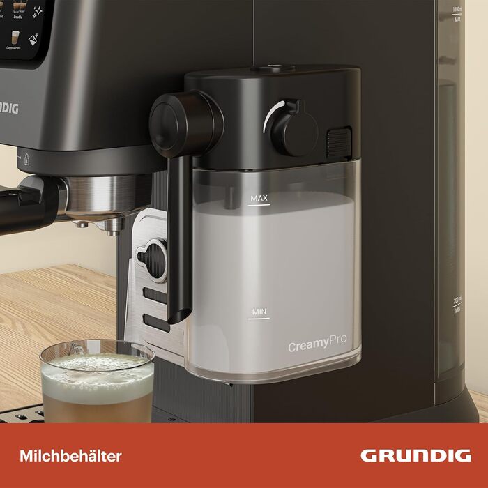 Еспресо-кавоварка GRUNDIG KSM 5330 з молочним контейнером, 1628 Вт, 15 бар, двійна насадка, сенсорний дисплей, BrewSense, CreamyPro, нержавіюча сталь/чорна