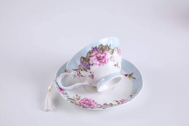 Чашка та блюдце з порцеляни Shabby Chic 19,1 см, десертна тарілка, синя, з пташкою, метеликом і квітами у подарунковій коробці, вінтажний стиль