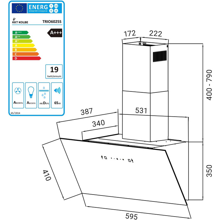 Витяжка кухонна KKT KOLBE TRIO8025S 80 см, чорна, скло, керування жестами та SensorTouch, LED-підсвітка, режим рециркуляції та відведення, продуктивність 782 м³/год