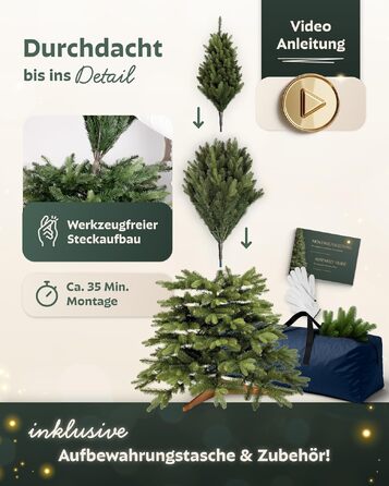Штучна ялинка Håvn® Premium Nordlys 180 см — густа хвоя, натуральний вигляд, з дерев'яною підставкою та сумкою для зберігання, зелена