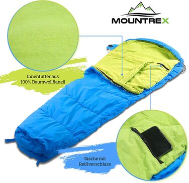 Дитячий спальник MOUNTREX мумія, легкий, компактний, для кемпінгу та подорожей, 100% бавовна, розмір 175x70x45 см, синьо-зелений