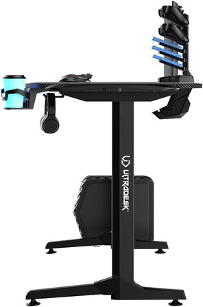 Ігровий стіл ULTRADESK FRAG V3 150x60 см, LED RGB підсвітка, сталева конструкція, для 2 моніторів, чорний, з аксесуарами