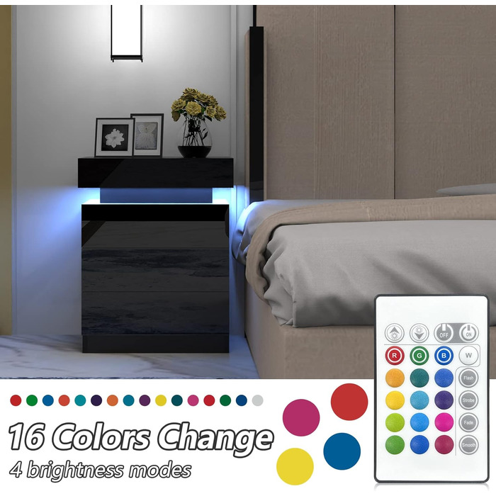 Сучасна тумба приліжкова HaodaCulture з LED-підсвіткою, 2 шухляди, чорна, 16 кольорів, для спальні, вітальні, робочого кабінету, 45x35x52 см, з відкидною кришкою