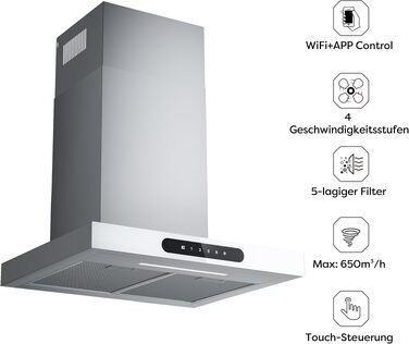 Витяжка для кухні CIARRA CBCS6102 60см, біла: продуктивність 650м³/год, клас A+++, сенсорне керування, з вугільним фільтром CBCF003, режим рециркуляції та відведення