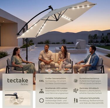 Садова парасолька TecTake з LED сонячним підсвічуванням, Ø 350 см, бежева — підвісна парасолька з подвійним дахом, поворотом на 360° та регулюванням нахилу
